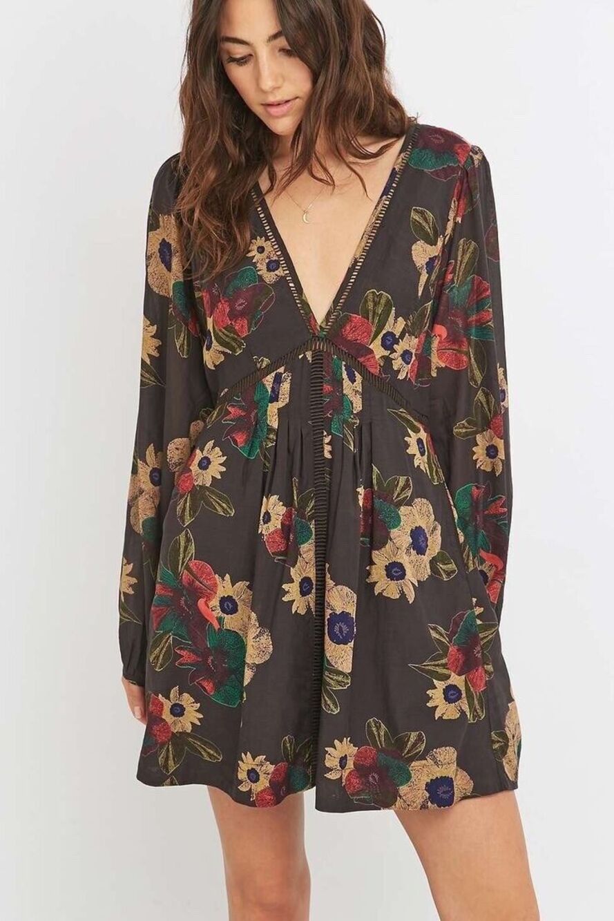 Free People Strawberry Fields Brown Floral Long Sleeve Tunic Mini Dress